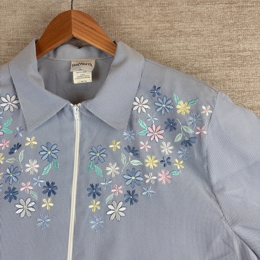 Vintage BonWorth Embroidered Floral Pinstripe Jacket Womens L Petite Blue EUC